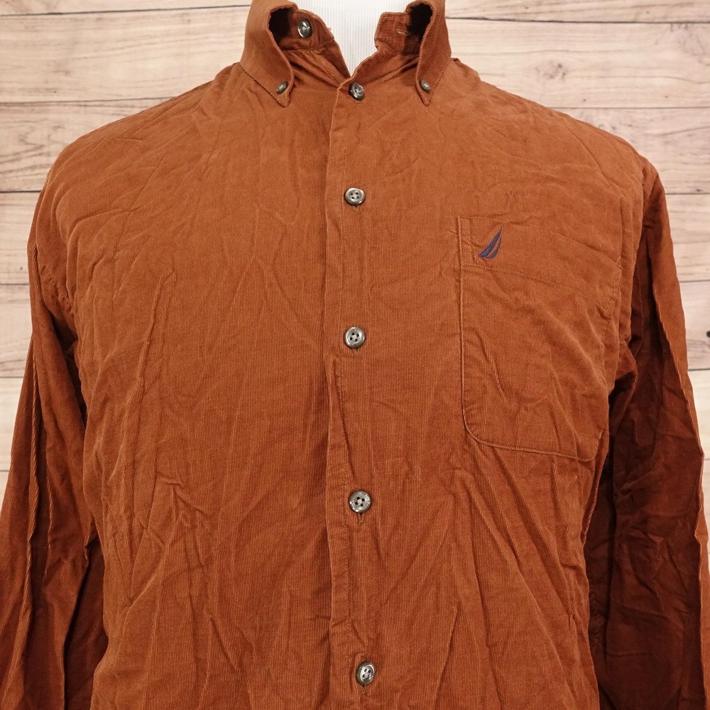 Nautica Shirt Mens 16 34/35 L Brown Corduroy Long Sleeve Button-Up Cotton